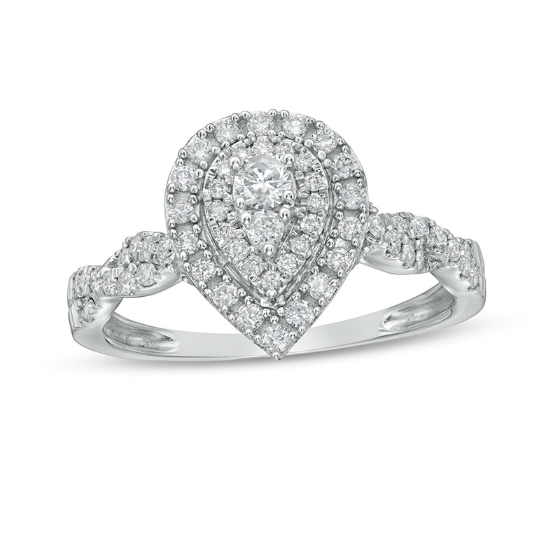 Main Image 1 of Previously Owned - 1/2 CT. T.W. Diamond Double Pear-Shaped Frame Twist Shank Engagement Ring in 10K White Gold