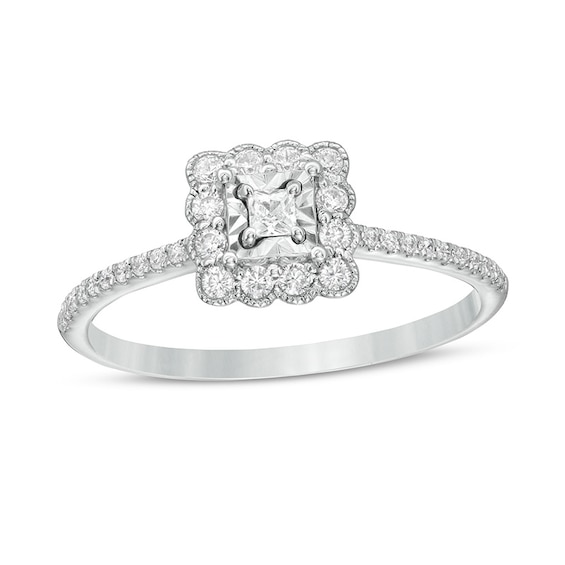 Previously Owned - 1/4 CT. T.w. Princess-Cut Diamond Scallop Edge Frame Vintage-Style Engagement Ring in 10K White Gold