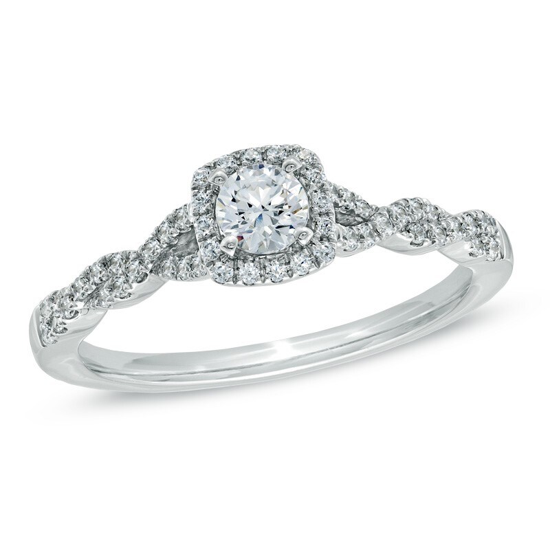 Main Image 1 of Previously Owned - Celebration Fire™ 1/2 CT. T.W. Diamond Frame Twist Engagement Ring in 14K White Gold