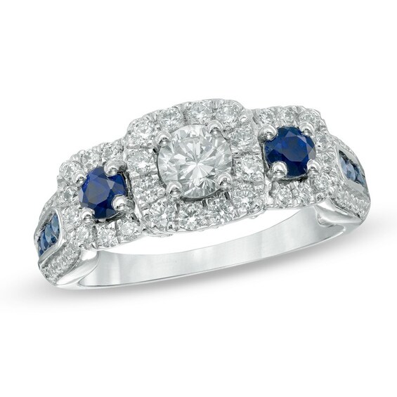 Previously Owned - 7/8 CT. T.w. Diamond and Blue Sapphire Past Present Future® Ring in 14K White Gold