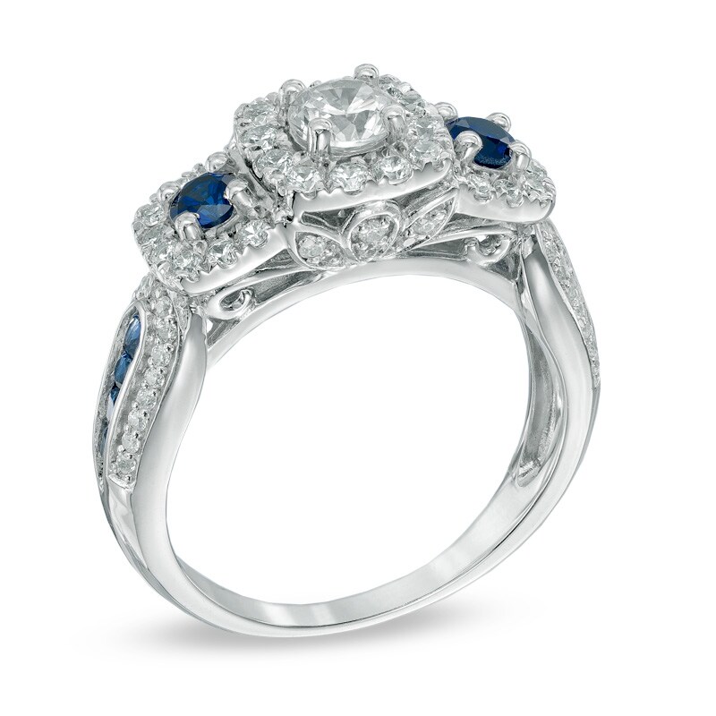 Main Image 2 of Previously Owned - 7/8 CT. T.W. Diamond and Blue Sapphire Past Present Future® Ring in 14K White Gold