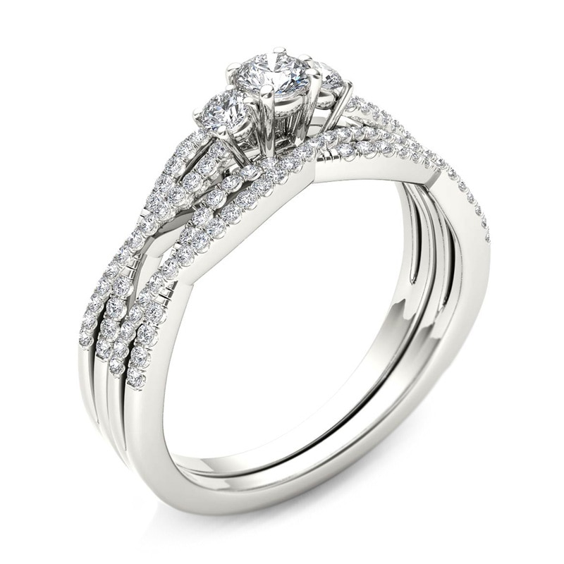 Main Image 2 of Previously Owned - 1/2 CT. T.W. Diamond Three Stone Twist Bridal Set in 14K White Gold