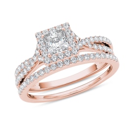 Previously Owned - 1 CT. T.W. Princess-Cut Diamond Frame Twist Bridal Set in 14K Rose Gold