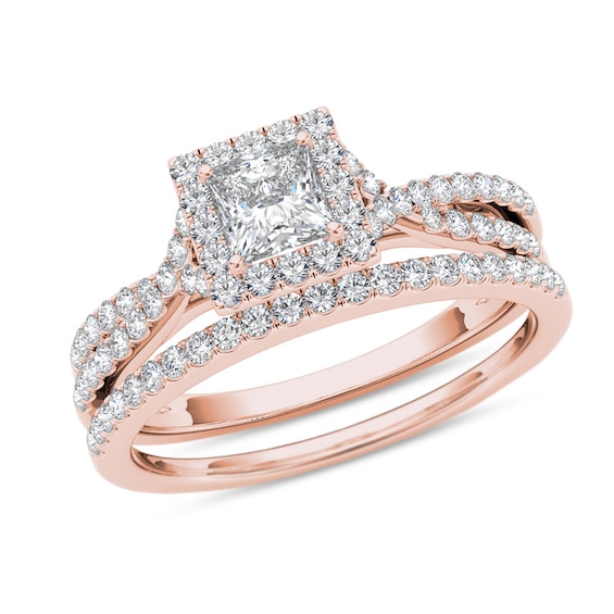 Previously Owned - 1 CT. T.w. Princess-Cut Diamond Frame Twist Bridal Set in 14K Rose Gold