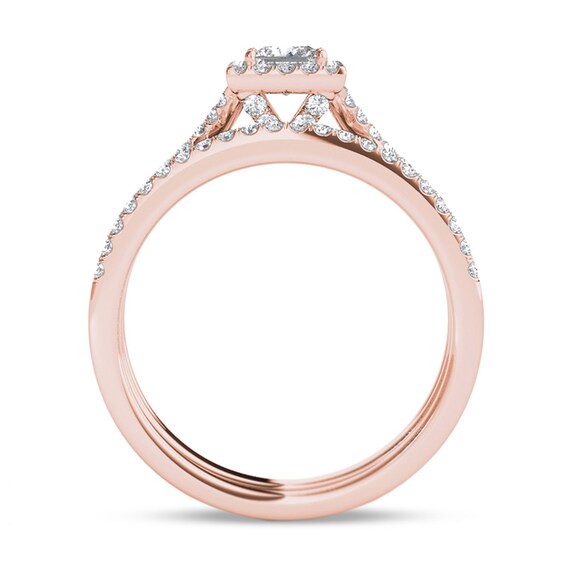 Previously Owned - 1 CT. T.w. Princess-Cut Diamond Frame Twist Bridal Set in 14K Rose Gold