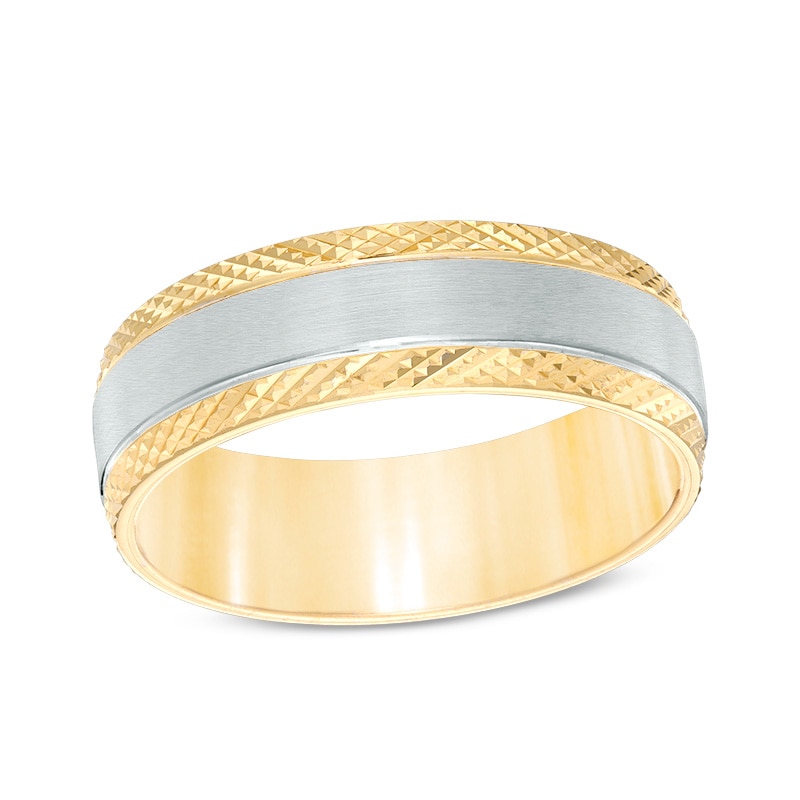 Main Image 1 of Previously Owned - 7.0mm Comfort-Fit Diamond-Cut Edge Satin center Wedding Band in 10K Two-Tone Gold