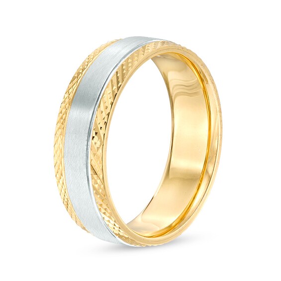 Previously Owned - Men's 7.0mm Comfort-Fit Diamond-Cut Edge Satin center Wedding Band in 10K Two-Tone Gold