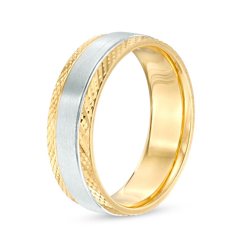 Main Image 2 of Previously Owned - 7.0mm Comfort-Fit Diamond-Cut Edge Satin center Wedding Band in 10K Two-Tone Gold
