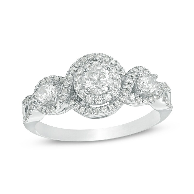 Main Image 1 of Previously Owned - 1 CT. T.W. Diamond Past Present Future® Frame Twist Engagement Ring in 14K White Gold