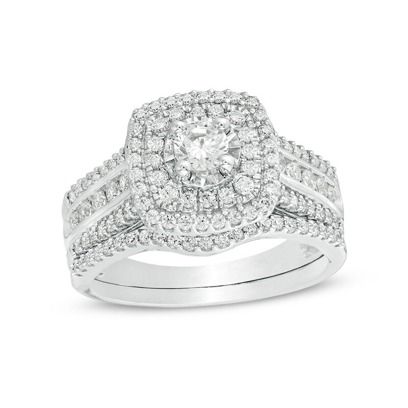 Main Image 1 of Previously Owned - 1 CT. T.W. Diamond Double Cushion Frame Multi-Row Bridal Set in 10K White Gold