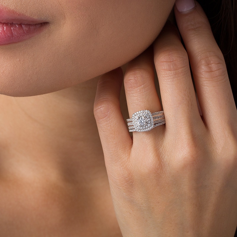 Main Image 2 of Previously Owned - 1 CT. T.W. Diamond Double Cushion Frame Multi-Row Bridal Set in 10K White Gold