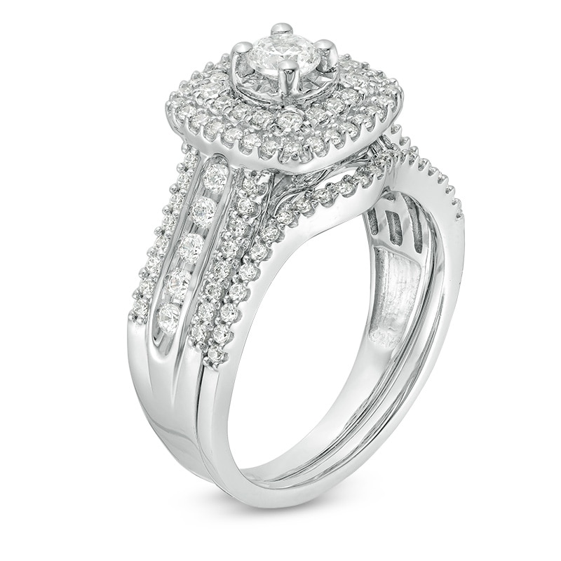 Main Image 3 of Previously Owned - 1 CT. T.W. Diamond Double Cushion Frame Multi-Row Bridal Set in 10K White Gold