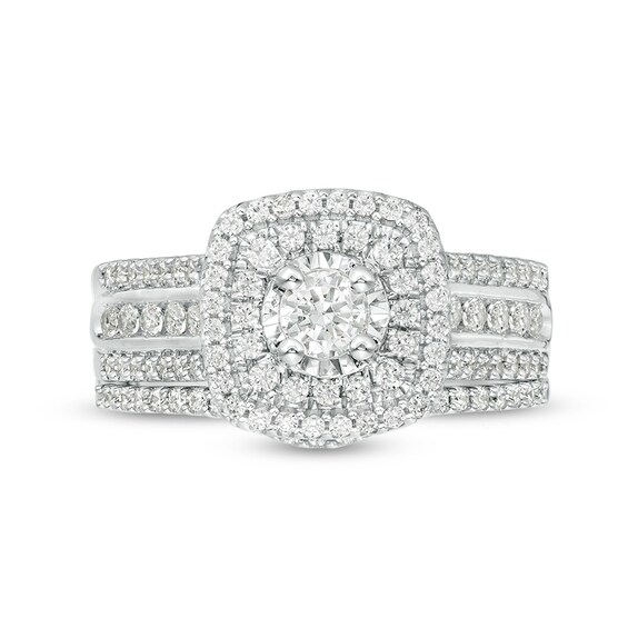 Previously Owned - 1 CT. T.w. Diamond Double Cushion Frame Multi-Row Bridal Set in 10K White Gold