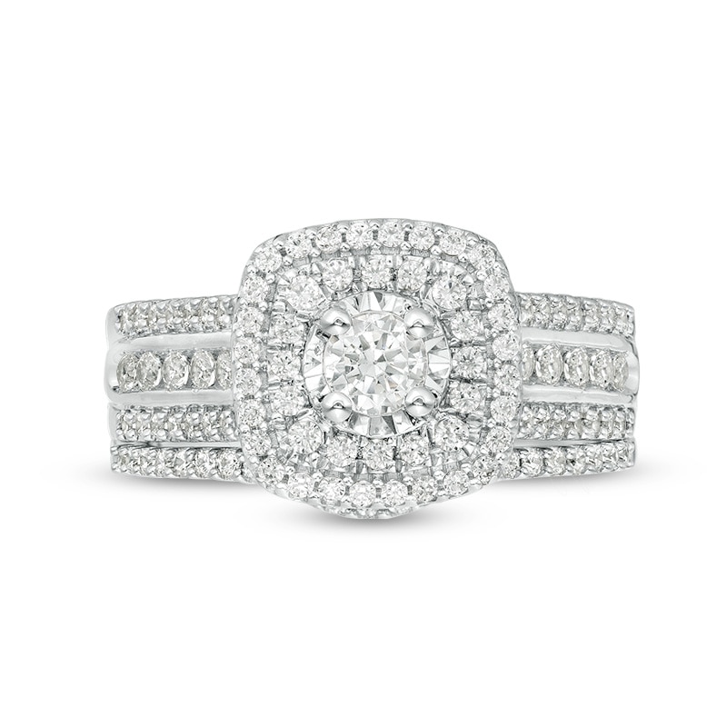 Main Image 4 of Previously Owned - 1 CT. T.W. Diamond Double Cushion Frame Multi-Row Bridal Set in 10K White Gold