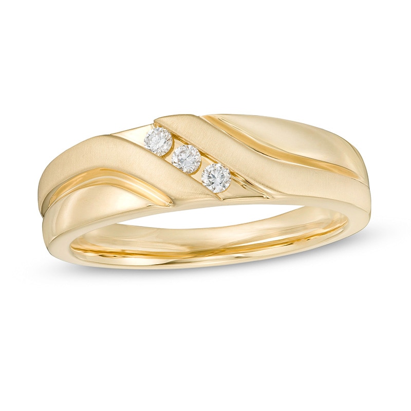 Main Image 1 of Previously Owned - 1/10 CT. T.W. Diamond Three Stone Slant Wedding Band in 10K Gold