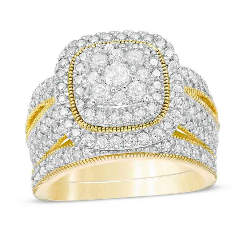Main Image 1 of Previously Owned - 1-1/3 CT. T.W. Multi-Diamond Cushion Frame Vintage-Style Bridal Set in 10K Gold