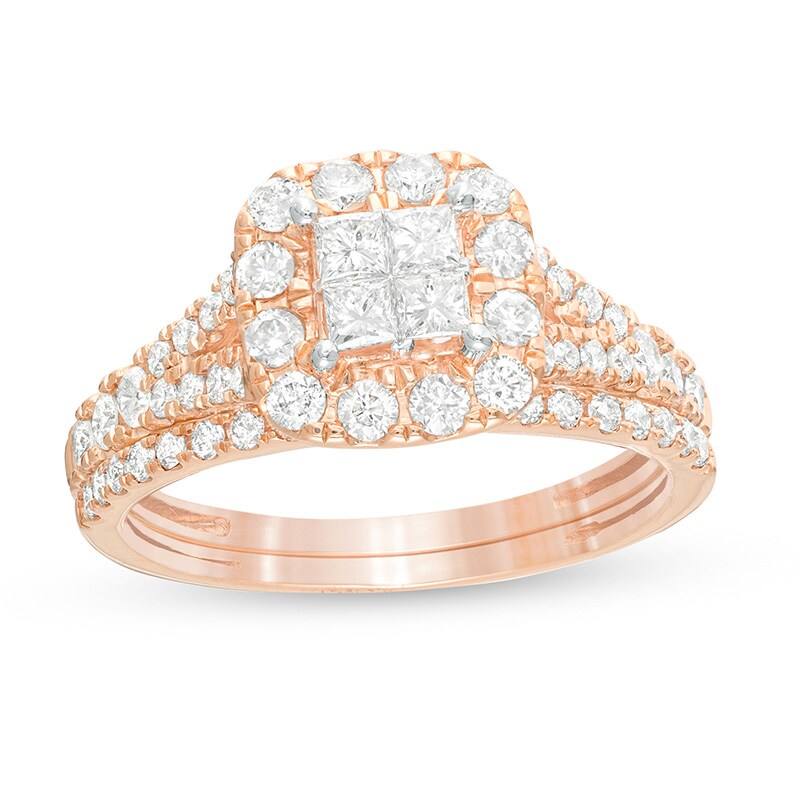 Main Image 1 of Previously Owned - 1 CT. T.W. Quad Princess-Cut Diamond Frame Split Shank Bridal Set in 10K Rose Gold
