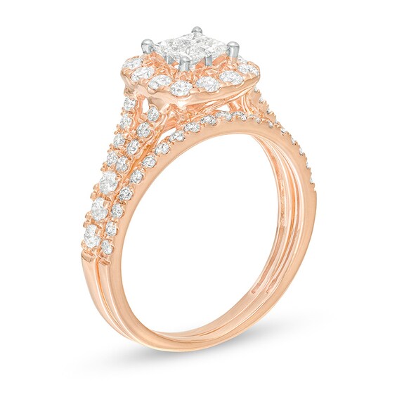 Previously Owned - 1 CT. T.w. Quad Princess-Cut Diamond Frame Split Shank Bridal Set in 10K Rose Gold