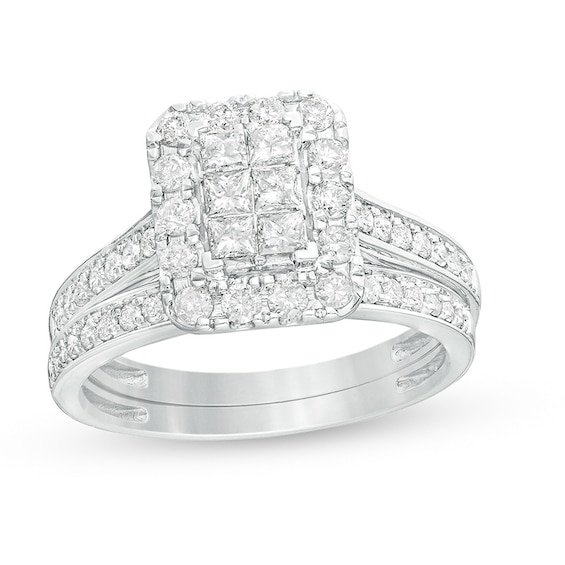 Previously Owned - 1 CT. T.w. Princess Multi-Diamond Rectangular Frame Split Shank Bridal Set in 10K White Gold