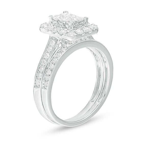 Previously Owned - 1 CT. T.w. Princess Multi-Diamond Rectangular Frame Split Shank Bridal Set in 10K White Gold