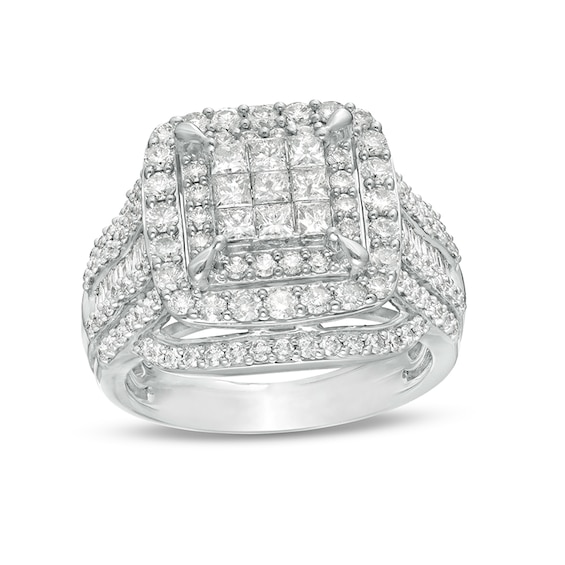 Previously Owned - 2 CT. T.w. Princess Multi-Diamond Cushion Frame Multi-Row Engagement Ring in 10K White Gold