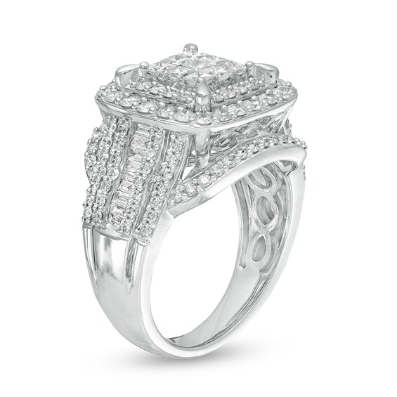 Previously Owned - 2 CT. T.w. Princess Multi-Diamond Cushion Frame Multi-Row Engagement Ring in 10K White Gold