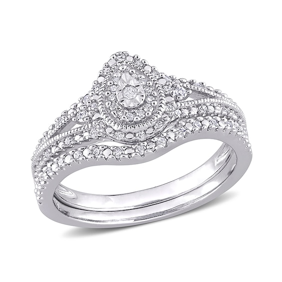 Previously Owned - 1/4 CT. T.w. Composite Pear Diamond Frame Vintage-Style Bridal Set in Sterling Silver
