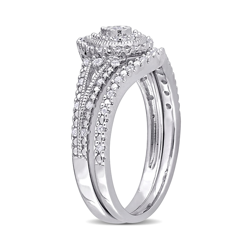 Main Image 3 of Previously Owned - 1/4 CT. T.W. Composite Pear Diamond Frame Vintage-Style Bridal Set in Sterling Silver