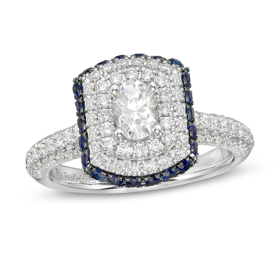 Previously Owned - Vera Wang Love Collection 1 CT. T.w. Diamond and Sapphire Frame Engagement Ring in 14K White Gold