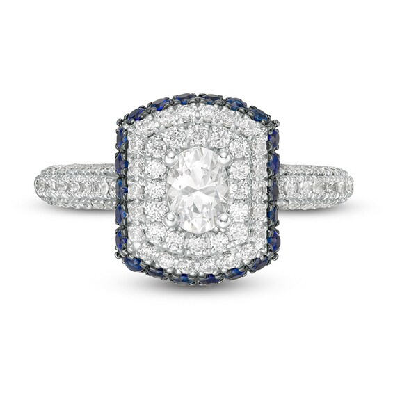 Previously Owned - Vera Wang Love Collection 1 CT. T.w. Diamond and Sapphire Frame Engagement Ring in 14K White Gold