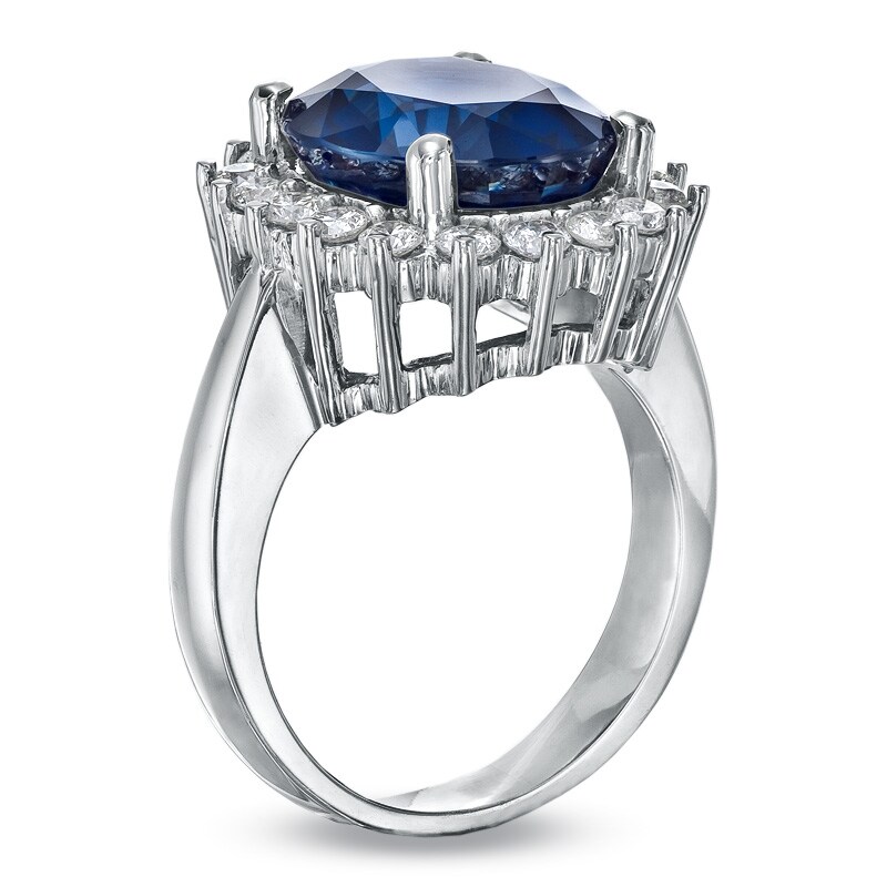 Main Image 2 of Previously Owned - Oval Blue Sapphire and 5/8 CT. T.W. Diamond Frame Engagement Ring in 14K White Gold