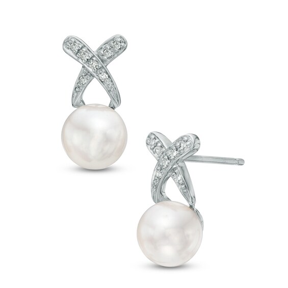 Previously Owned-7.0mm Freshwater Cultured Pearl and Diamond Accent "X" Drop Earrings in Sterling Silver