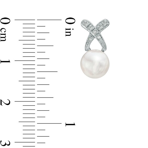 Previously Owned-7.0mm Freshwater Cultured Pearl and Diamond Accent "X" Drop Earrings in Sterling Silver