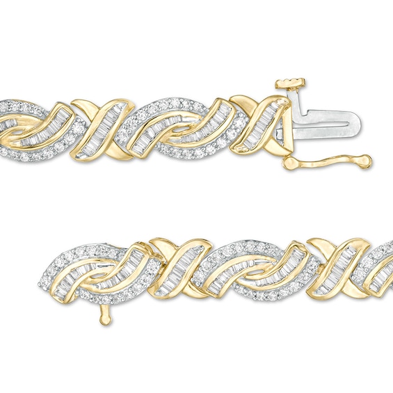 Previously Owned - 3 CT. T.w. Baguette and Round Diamond "X" Bypass Bracelet in 10K Gold - 7.5"