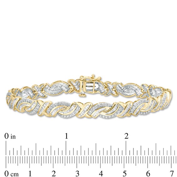 Previously Owned - 3 CT. T.w. Baguette and Round Diamond "X" Bypass Bracelet in 10K Gold - 7.5"