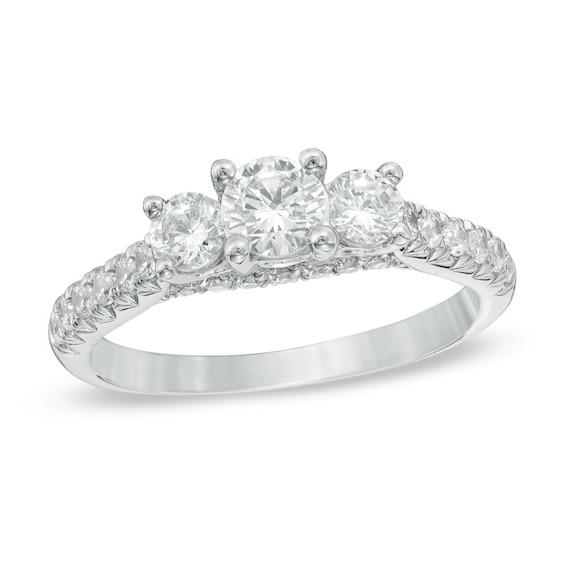 Previously Owned - Celebration Ideal 1-1/5 CT. T.w. Diamond Three Stone Engagement Ring in 14K White Gold (J/I1)