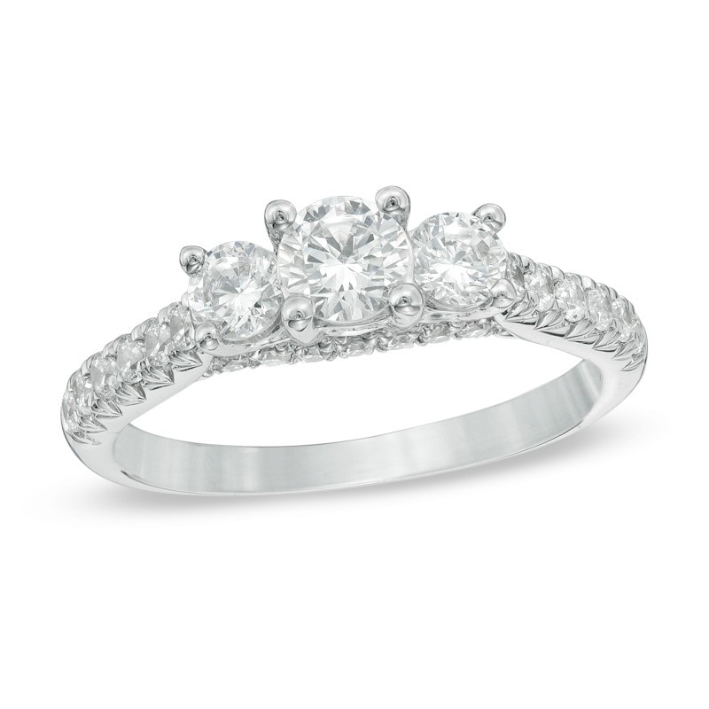 Main Image 1 of Previously Owned - Celebration Ideal 1-1/5 CT. T.W. Diamond Three Stone Engagement Ring in 14K White Gold (J/I1)