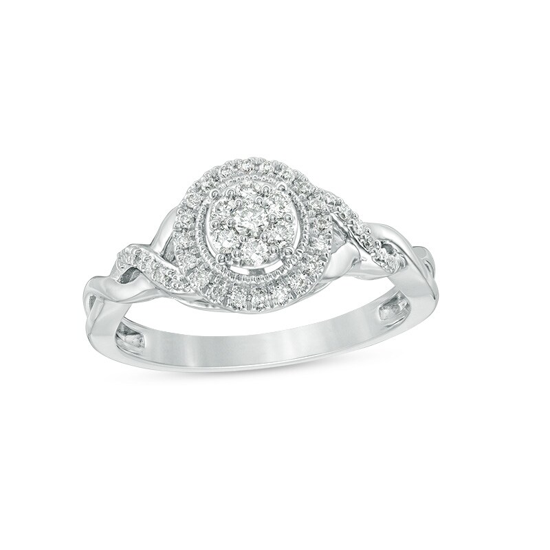 Main Image 1 of Previously Owned - 1/4 CT. T.W. Composite Diamond Frame Twist Vintage-Style Engagement Ring in 10K White Gold