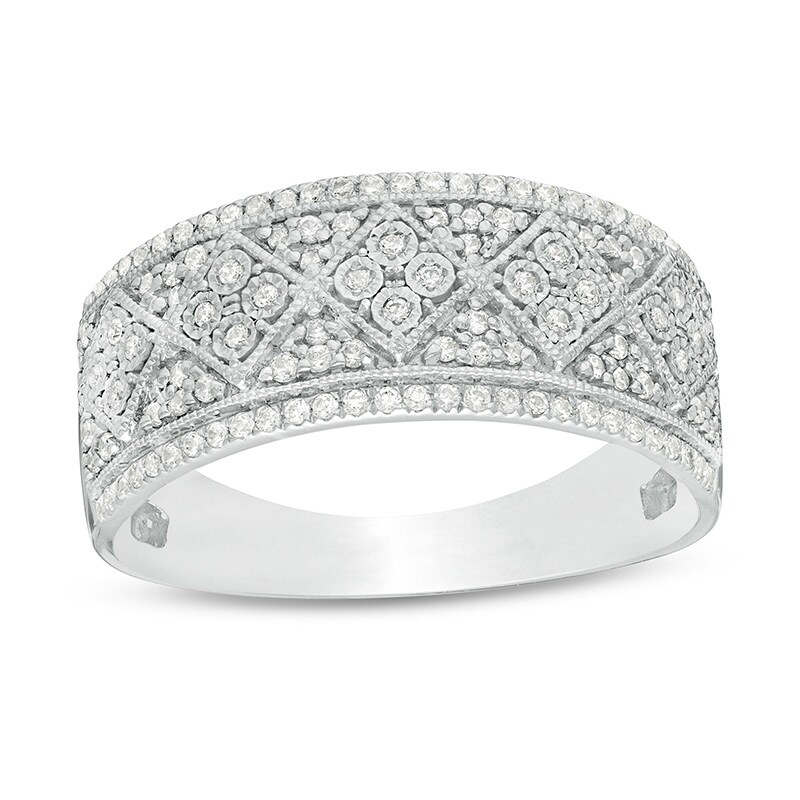 Main Image 1 of Previously Owned - 1/3 CT. T.W. Diamond Art Deco Vintage-Style Anniversary Ring in 10K White Gold
