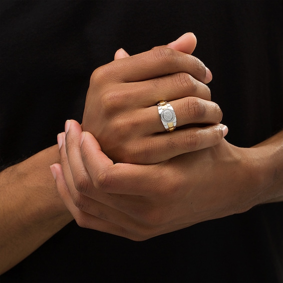 Previously Owned - 1/5 CT. T.w. Composite Diamond Frame Triple Row Ribbed Shank Ring in 10K Two-Toned Gold