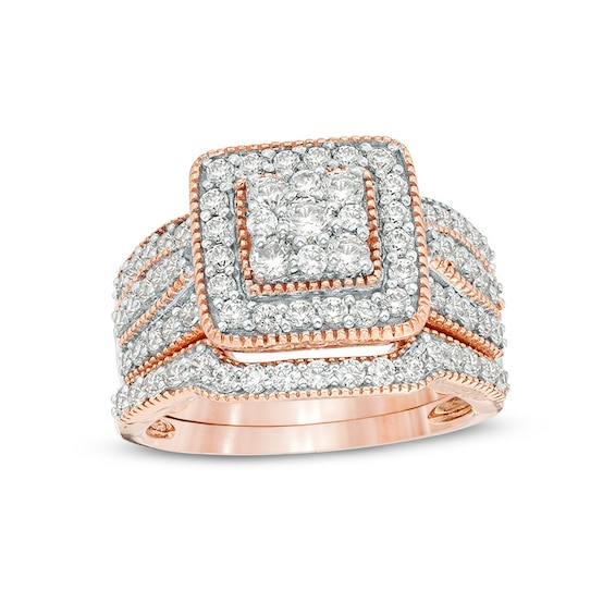 Previously Owned - 1-1/4 CT. T.w. Multi-Diamond Square Frame Vintage-Style Multi-Row Bridal Set in 10K Rose Gold