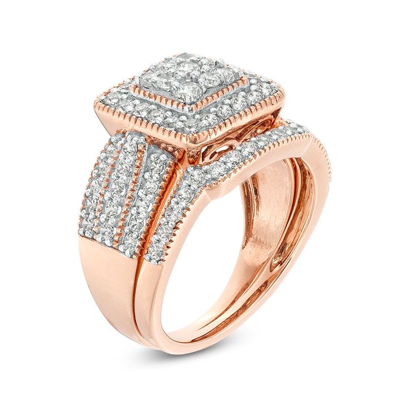 Main Image 3 of Previously Owned - 1-1/4 CT. T.W. Multi-Diamond Square Frame Vintage-Style Multi-Row Bridal Set in 10K Rose Gold