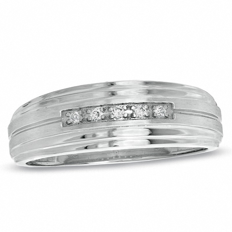 Main Image 1 of Previously Owned - Men's Diamond Accent Multi-Row Groove Wedding Band in 10K White Gold