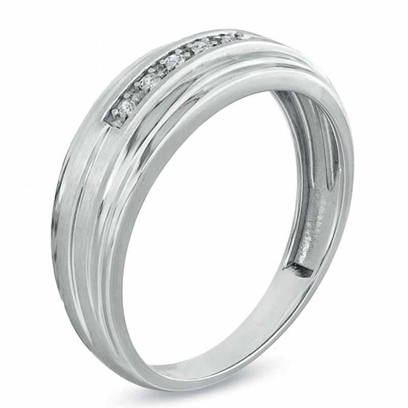 Main Image 2 of Previously Owned - Men's Diamond Accent Multi-Row Groove Wedding Band in 10K White Gold