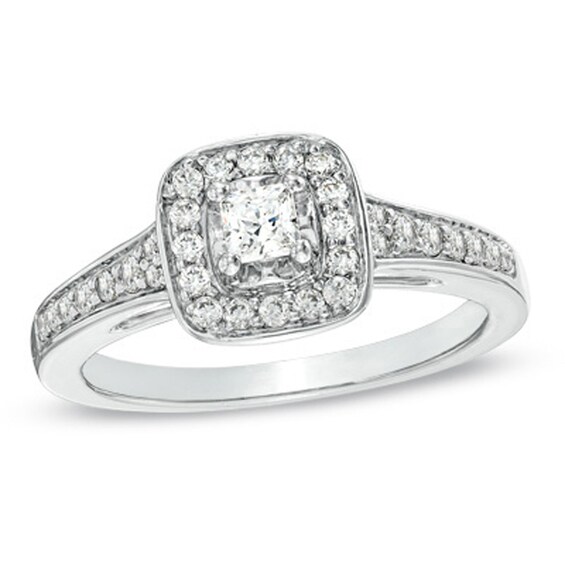 Previously Owned - 1/2 CT. T.w. Princess-Cut Diamond Frame Engagement Ring in 14K White Gold
