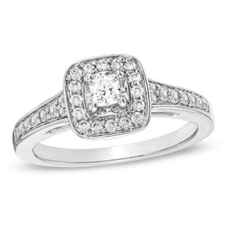 Main Image 1 of Previously Owned - 1/2 CT. T.W. Princess-Cut Diamond Frame Engagement Ring in 14K White Gold