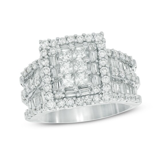 Previously Owned - 3 CT. T.w. Rectangular Composite Diamond Frame Multi-Row Engagement Ring in 14K White Gold