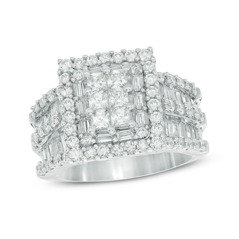Main Image 1 of Previously Owned - 3 CT. T.W. Rectangular Composite Diamond Frame Multi-Row Engagement Ring in 14K White Gold