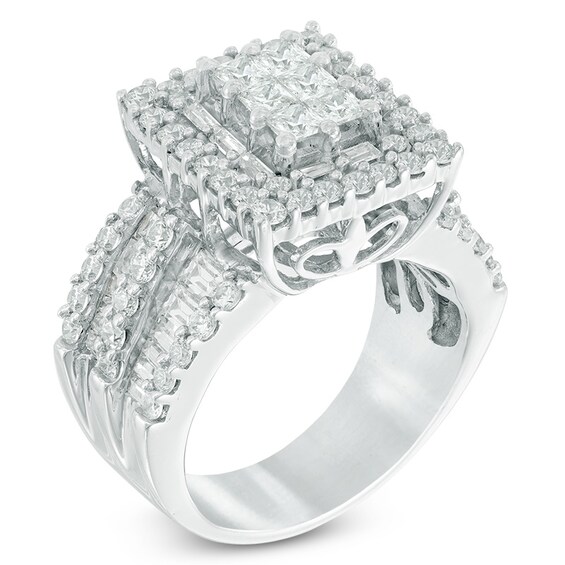 Previously Owned - 3 CT. T.w. Rectangular Composite Diamond Frame Multi-Row Engagement Ring in 14K White Gold