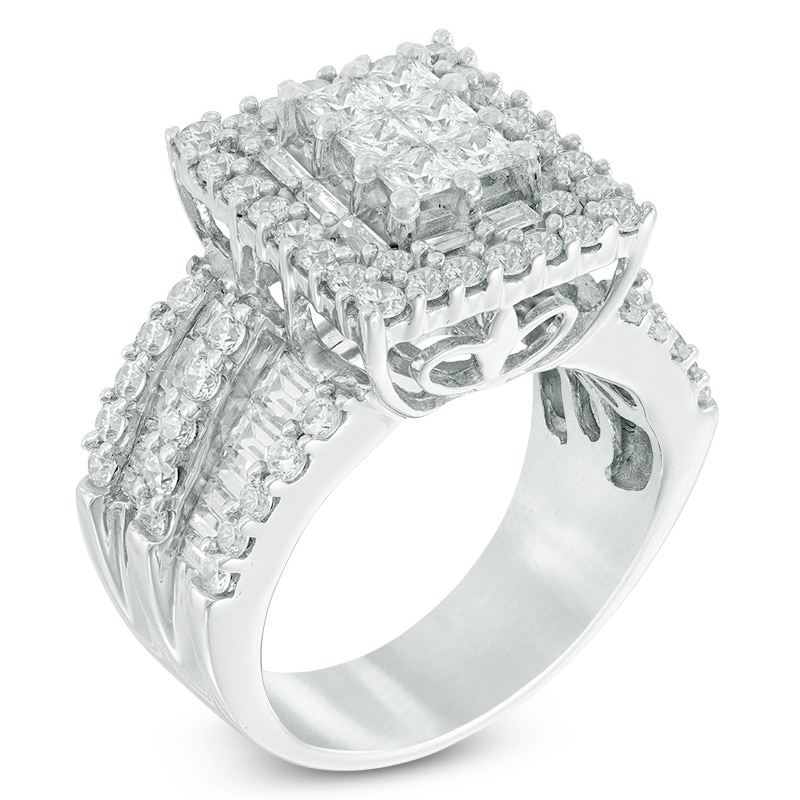 Main Image 2 of Previously Owned - 3 CT. T.W. Rectangular Composite Diamond Frame Multi-Row Engagement Ring in 14K White Gold